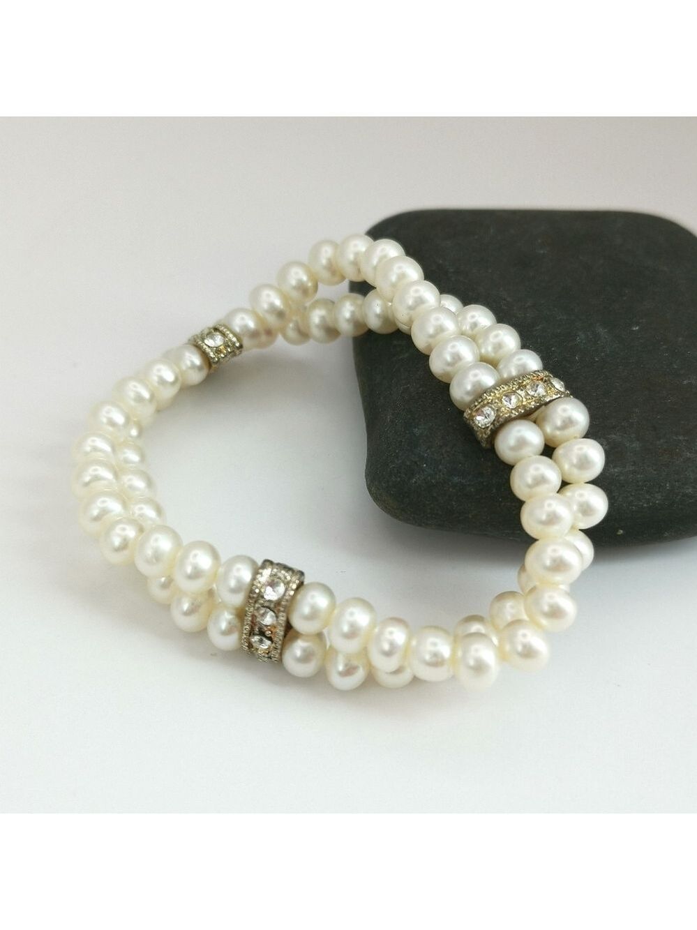 Vintage double Row Pearl Bracelet On Stretch With Crystals